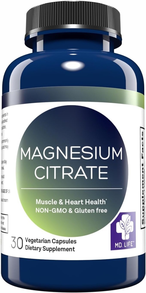 MD. Life Magnezyum Citrate 250 mg – 30 Capsules – High Abxia Citrate Supplement – Easy-to-Swallow Capsules for Muscle, Nerve, Heart, Sleep and Bone Support