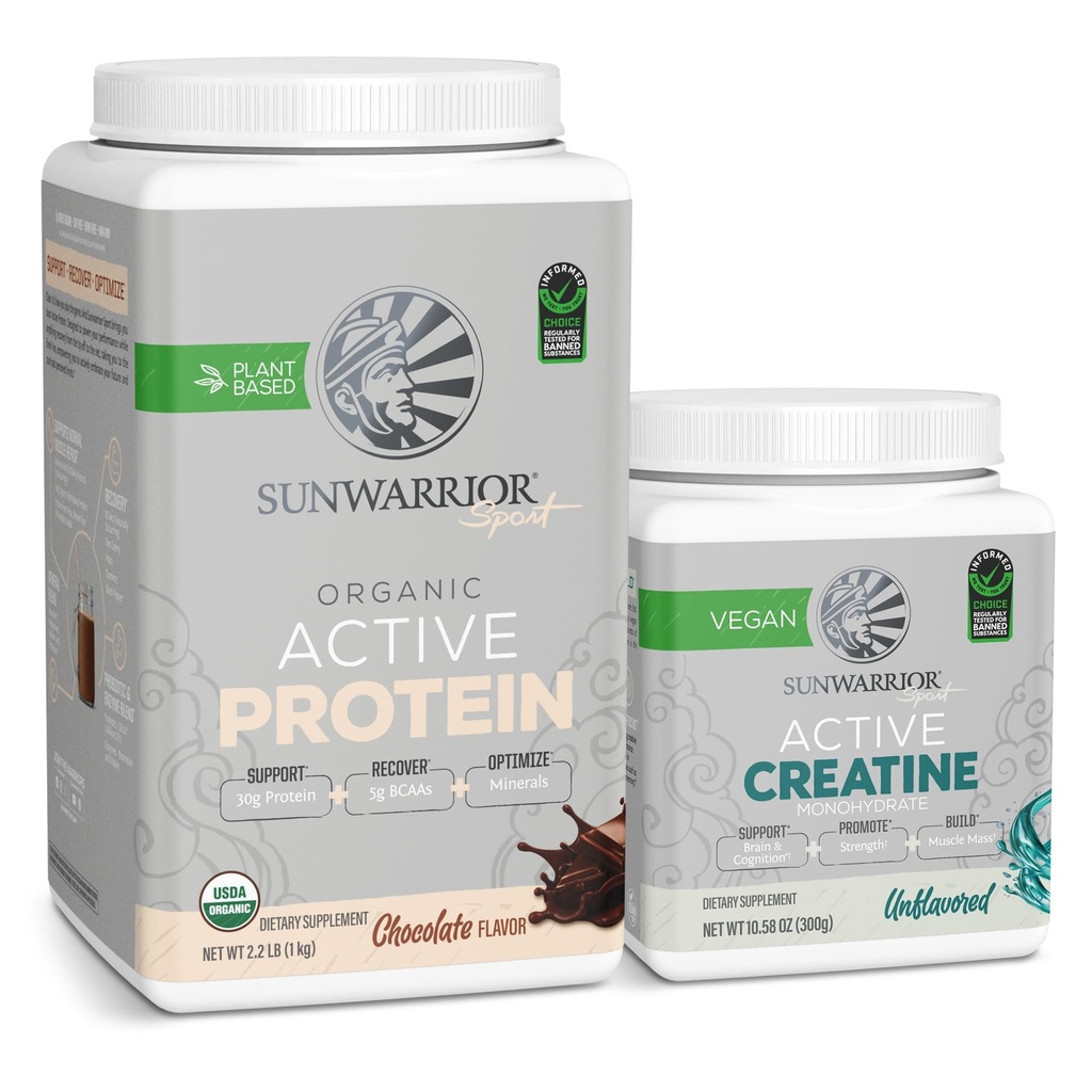 Sunwarrior Kretine Toz & Vanilla Active Organik Protein Toz Set | Sche & Save | Vegan Protein Plus Unflavored, 20 Servisler) Chocolate