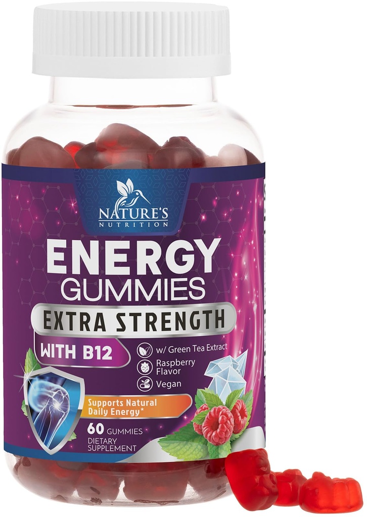 Enerji Gummies 1000mcg - B12, Yeşil Çay Doğal Caffeine Desteği, Daily Energy Gummies - Delicious Berry Flavor B12 Chewable Egzersiz Supplement for Run Bisiklet & Sports - 60 Chews