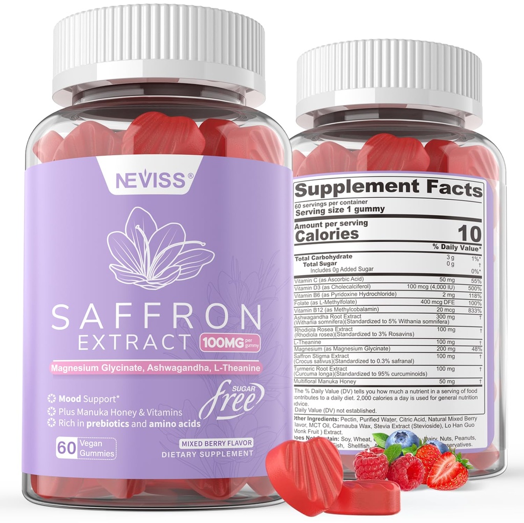 Saffron Supplements Gummies 100mg -% 100 Saf Saffron Extract with Magnezyum Glycinate, L-Theanine, Turmeric, Ashwagandha, Honey & Vitamin B Kompleks for Mood & Power, Antioxy, Vitality - 120