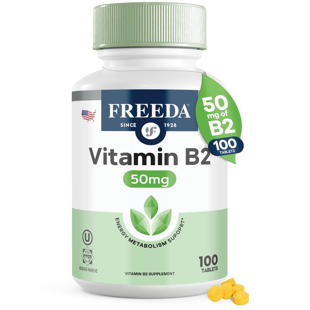 Freeda Vitamin B2 Riboflavin 50mg – Enerji ve Nervous Sistem Desteği – Kosher, Vegan, Gluten-Free B2 Supplement for Brain & Metabolism – (100 Ct)