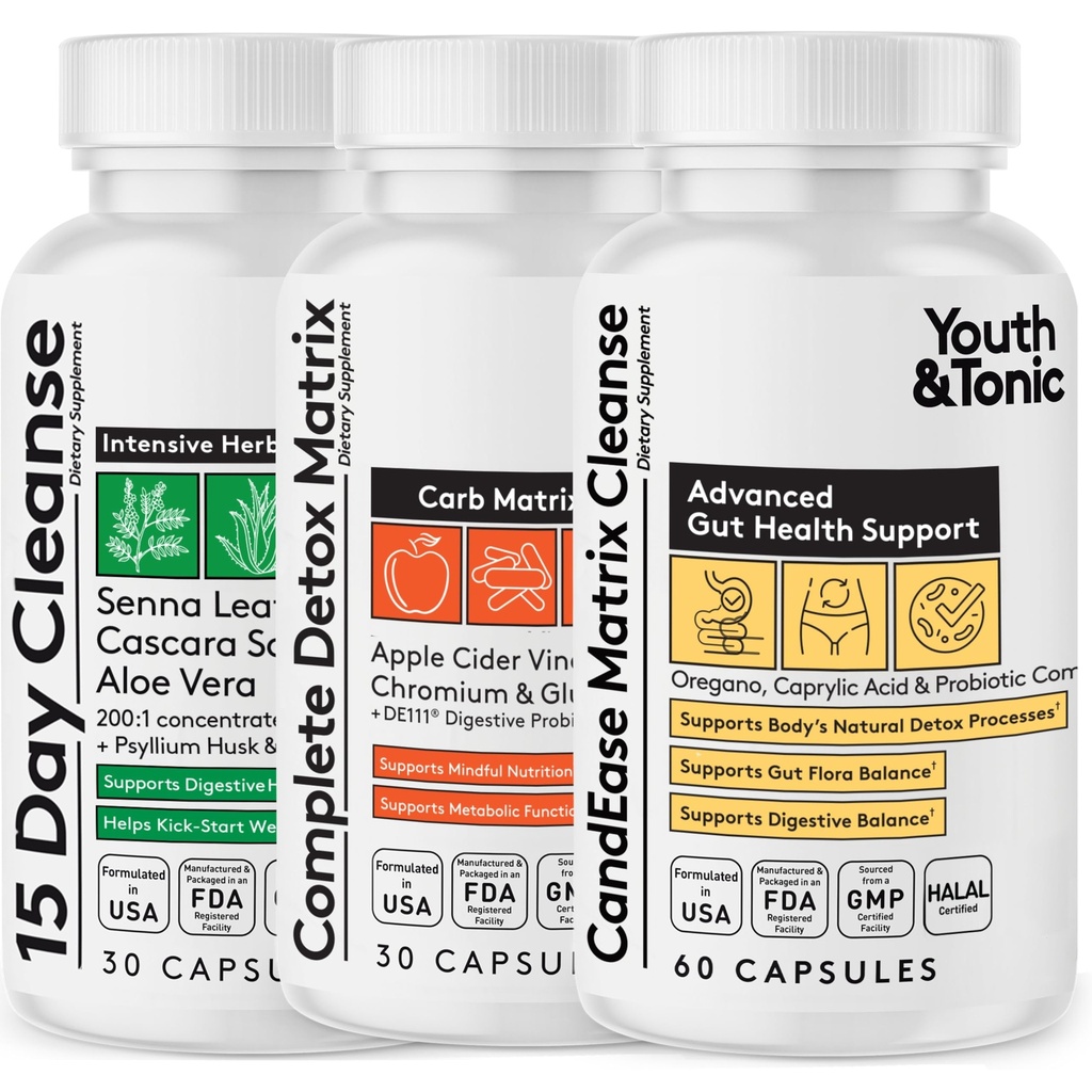 CandEase Matrix Pills & Colon Cleanser & Complete Detox Matrix Fast Kit Sche 3pk | Caprylic Acid Oregano Protease & Cellulase Enzymes Laxatives ACV Chromium & 100 BilFU/g Digestive probiyotikler