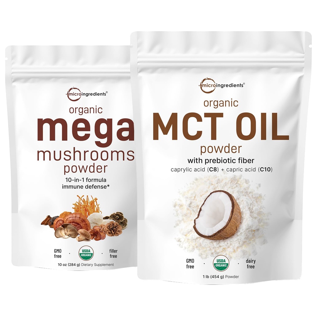 Mikro Malzemeler Organik Mega Mushroom Toz 10oz & Organik MCT Petrol Toz 1lb Sche 2 Pack | 10 in 1 Mushroom Kompleks | C8 MCT Petrol, Bitki bazlı kremer