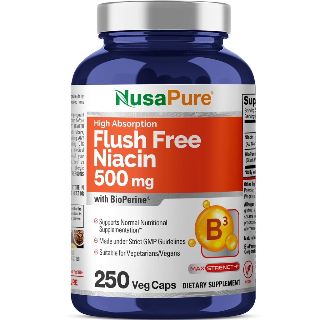 NusaPure Flush Free Niacin 500 mg 250 caps (Vegan,Non-GMO & Vegan) Bioperine
