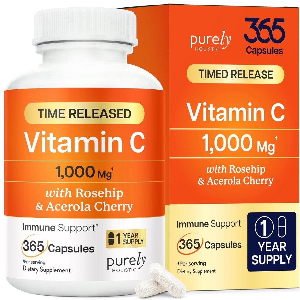 Vitamin C 1000mg | Immune Support | Timed-Release Capsules | 1 Year Supply | Vitamin C Supplement with Acerola Cherry & Rose Hips | Daily Antioxidant & Wellness Support | Vegan, Non-GMO | 365 Ct