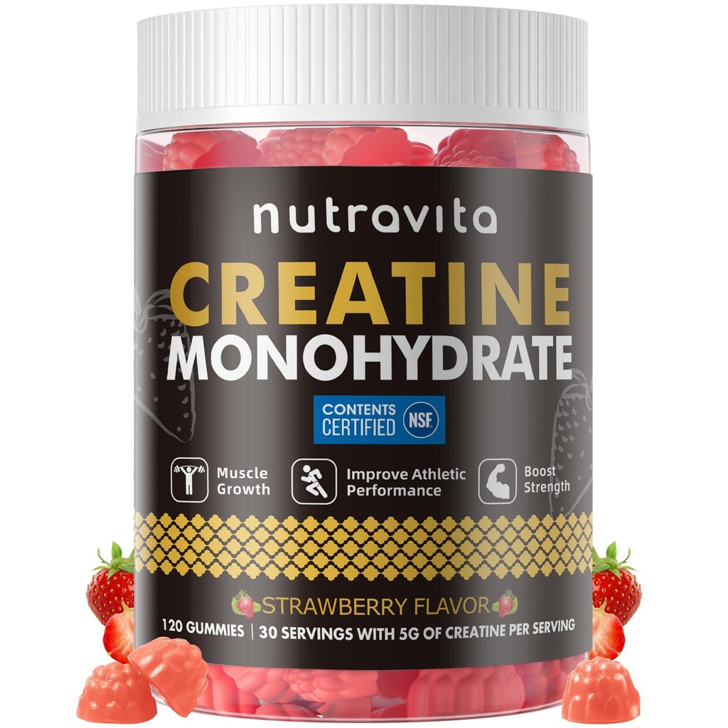Nutravita NSF Güvenli Gummy - Men & Women-5g of Tinatine Monohidrat - Sugar Free,Vegan, Strawberry Flavor, 120 Kont