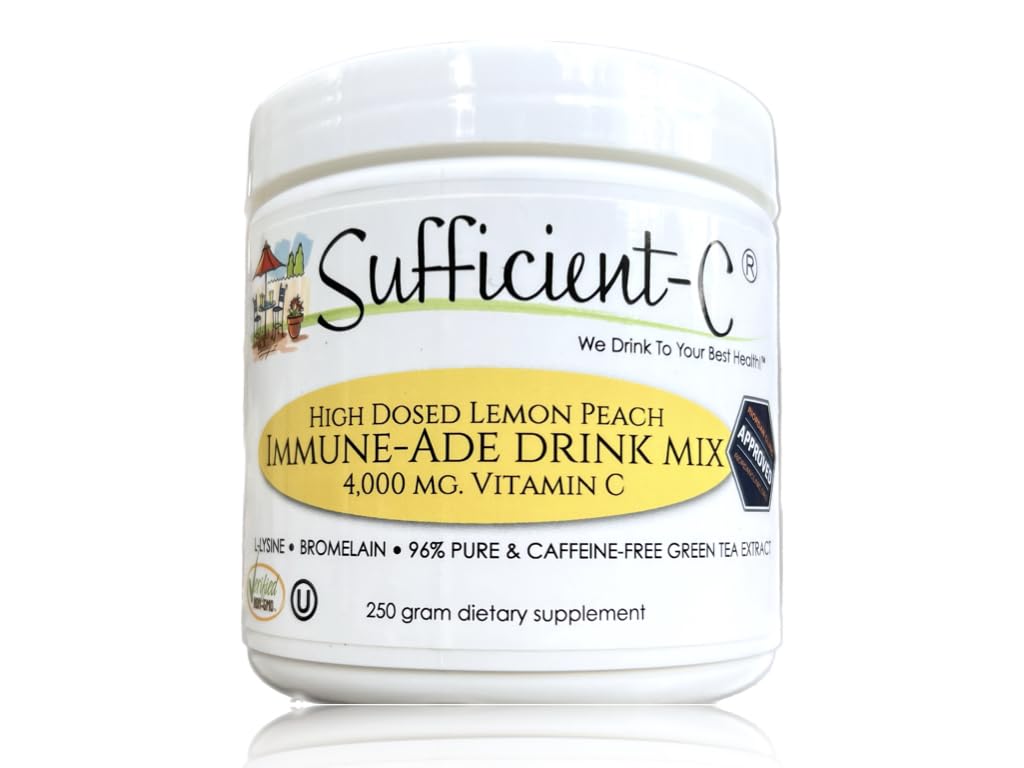 Sufficient-C High-Dosed 4000 mg. C Limon Peach Immune-Ade Drink Mix 250 gram Boyut - Genrously Dosed L-lysine, Bromelain & 96 Pure, Caffeine-Free Green Tea Ekstra