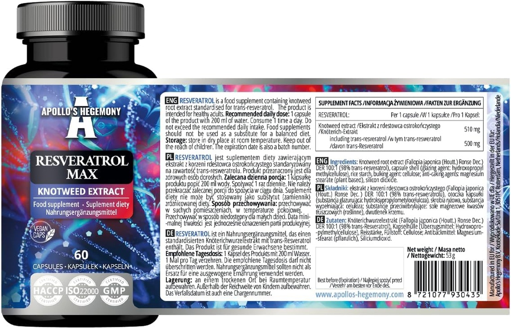 APOLLO'S HEGEMONY Resveratrol Max - Capsule başına 500 mg - 60 Vegan Capsules - Yüksek frekanslı% 98 - Supports Circulatory Health - Natural Antioxy - Diyetary Supplement