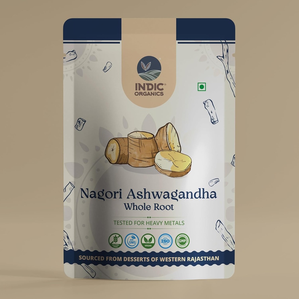 INDIC ORGANICS Nagori Ashwagandha Root | Antik Vedik-Era Strain with High Potency | Tested for Heavy Metals | Non-GMO | Sourced from Deserts of Western Rajasthan, India (Kimle Root, 250 Grams)