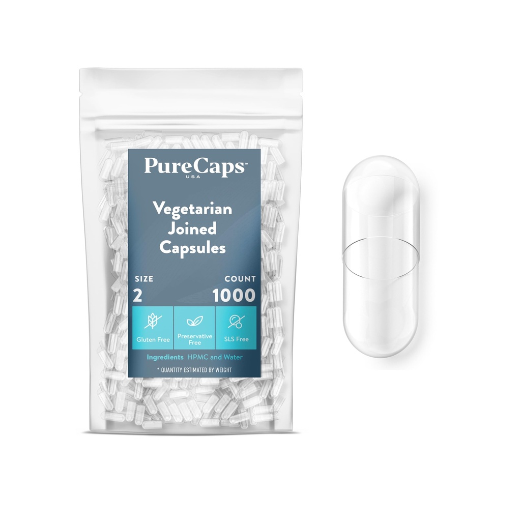 PureCaps USA - Boş Vejetaryen Vegan Pill Capsules 2| 1000 Joined Pills| Clear| Non-GMO sertifikalı | SLS, Gluten, Preservative Free Free