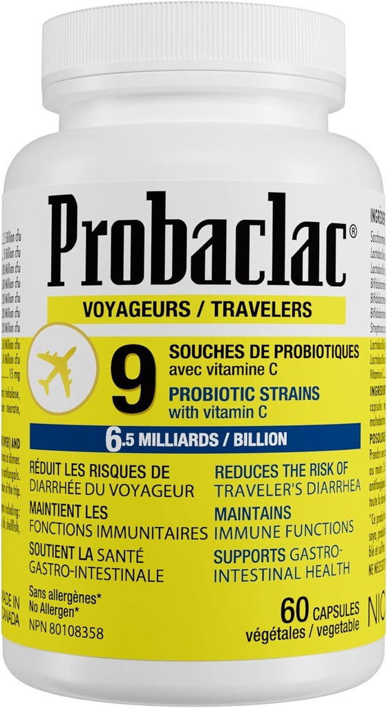 Natural Travelers Probiotics, Reducing Risk of Diarrhea, Contains Vitamin C, Immune Support, Gluten Free, Travel Size, Vacation, Cruise and Airplane Travel Essentials, Vegan, 60 Capsules