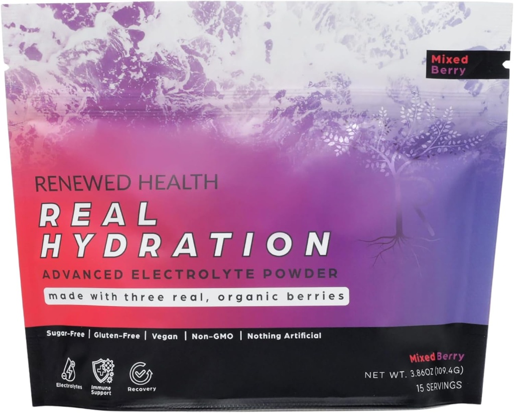 Gerçek Hydration - Organik Meyve bazlı Electrolyte Mix - Organik Meyveler ve Pink Salt - Zero Sugar & Vegan - Hydration, Immune & Recovery Support (15 Hizmetler, Karma Berry)