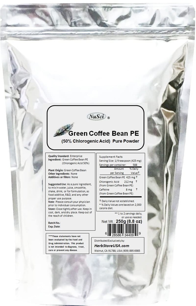 Green Coffee Bean Extract Toz, Standartlaştırılmış 50% Klorojenik asit (250 Grams (8.8 oz))