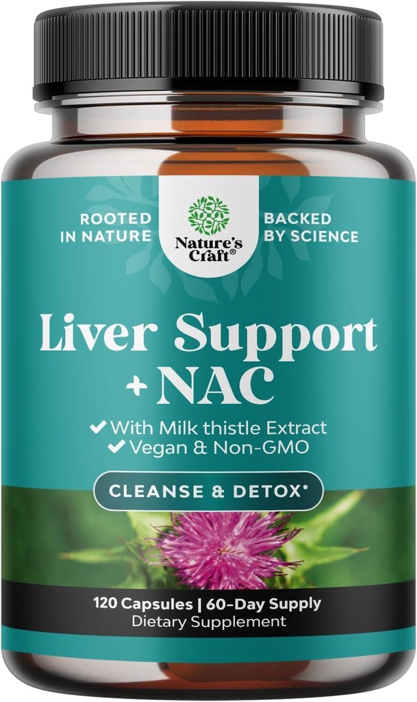 Liver Support NAC Supplement with Milk Thistle for Liver Cleanse Detox & Repair - N Acetyl Cysteine Supplement Liver Cleanse with Antioxidants, Turmeric, Choline, Dandelion & L-Glutathione - 120 Count