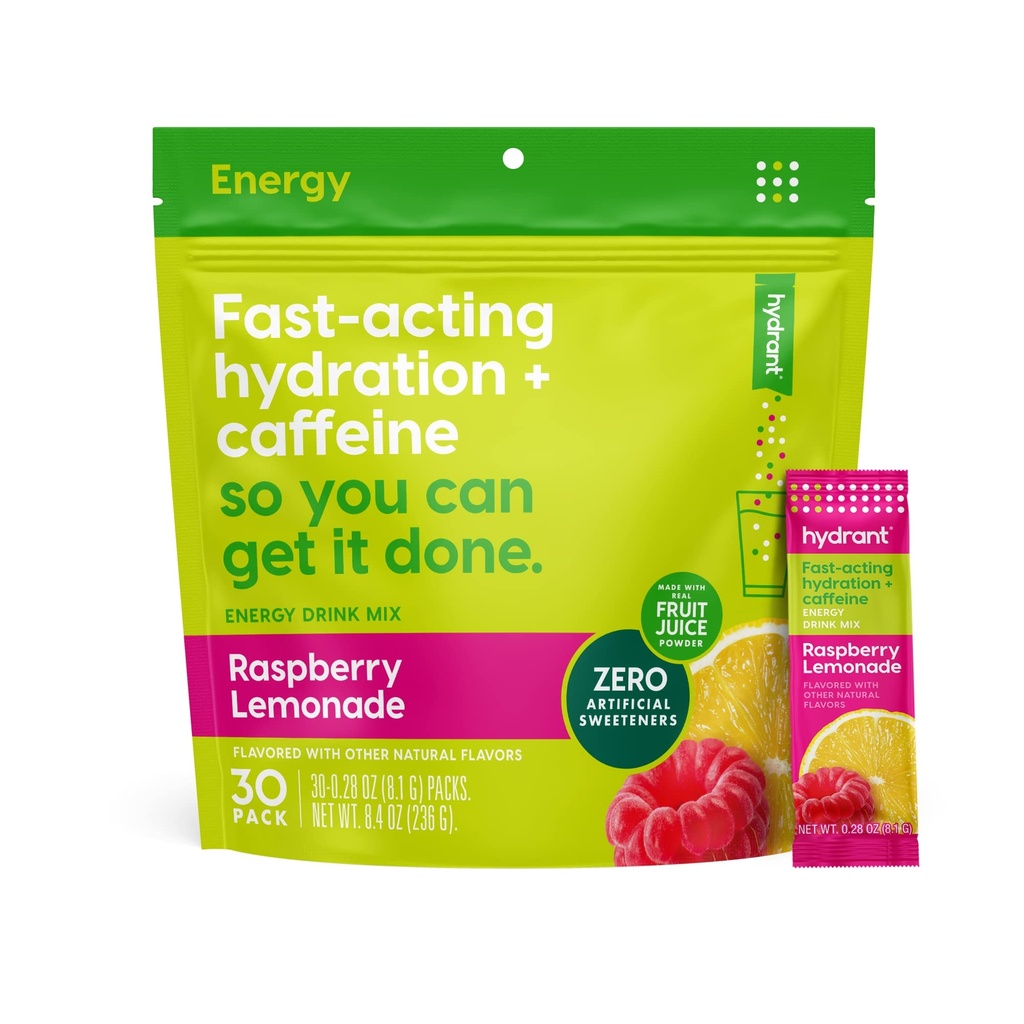 Hydrant - Enerji Elektrolyte Toz, Raspberry Lemonade Flavor, 30 Caffeine & L-Theanine Energy Rehidr Packs - Low Sugar Energy Toz for Daily Use