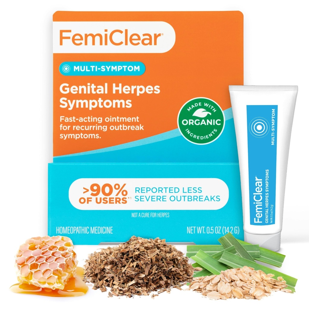 Genital Herpes Belirtileri ve Soğuk Sores için FemiClear, Multi-Symptom - Etkili Intimate Relief - All- Natural and Organic Materialss - 0,5 Ounce Tube