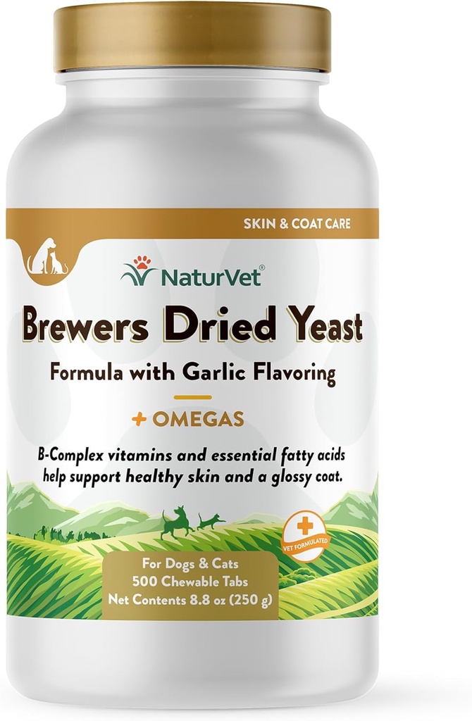 NaturVet Brewer’s Dried Yeast Pet Supplement with Garlic Flavoring – Includes B-Complex Vitamins, Omega-3, 6, & 9 Fatty Acids – Helps Support Glossy Coat, Healthy Skin for Dogs, Cats 500 Ct.