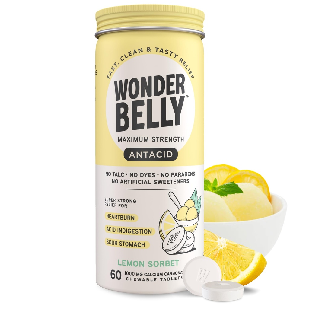 Wonderbelly Antacid, Etkili Kalpburn ve Anında Asit İndigestasyon Yardımı, Ekstra Kuvvetli Tabletler, 1000 mguba Karbonat, No Talc veya Dye, Lemon Sorbet, 60 Count