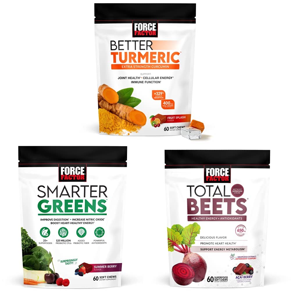 Kuvvet Faktörü Daha İyi Turmeric Ortak Destek Supplement & Smarter Greens Superfood Chews, 60 Soft Chews & Total Beets Soft Chews, 60 Chews