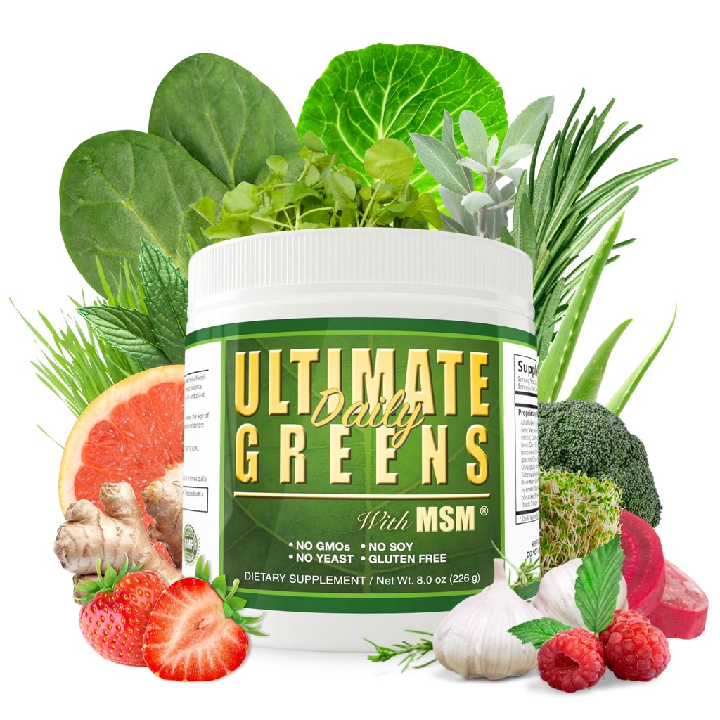 Daily Health, Ultimate Greens with MSM Toz, Vegan Dostu Doğal Malzemeler Gluten Soy Free NO GMO Superfood Sebze Beslenme İçmek Enerji 8oz 1 Pack (1 Ay Supply)