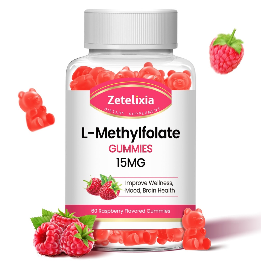 L-Methylfolate 15mg & Methyl B12 Gummies, Folate Supplement for Brain Health, Mood & Immunity, DNA Synthesis & Repair, Sugar Free, Vegan, Raspberry Flavor, 60 Count