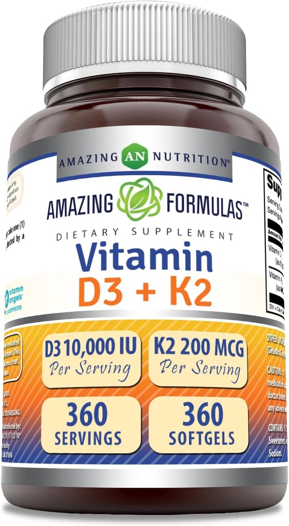 Amazing Formulas Vitamin D3 10000 IU ile C2 200 Mcg | D3 + K2 Kompleksi Tamam | Non-GMO | Gluten-Free | Made in USA (1 Pack, 360 Count)