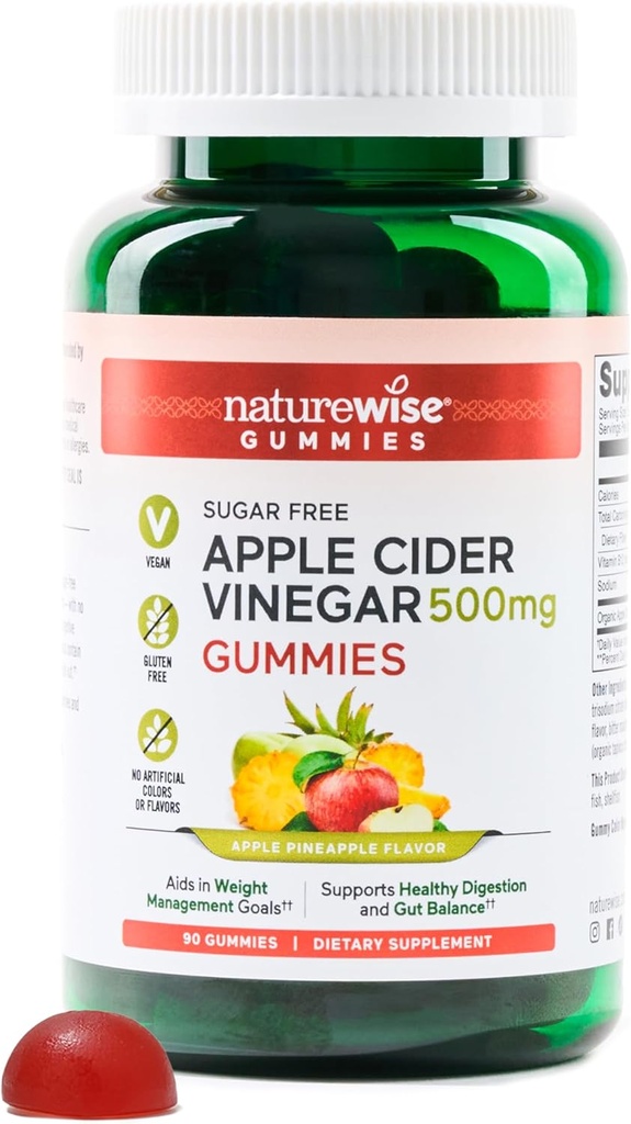 NatureWise Apple Cider Vinegar ACV Gummies - 1000 mg ACV per 2, Sugar Free, Vegan - Energy & Gut Health - ACV Gummies W/Vitamin B12-90 Gummies[1.5-Month Supply for 1000 mg / 3Month Supply for 500 mg / 3Month Supply]