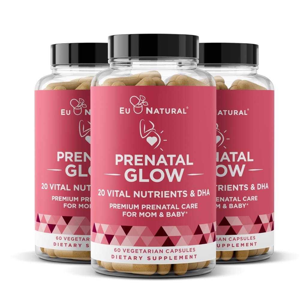Kadınlar için Glow Prenatal Vitaminler 3Pack Sche - 20in-1 Sağlıklı Gecikme ve Fetal Geliştirme - Folic Asit & Vegan DHA For Baby's Growth & A Comfortable Gebelik - 180 Capsules