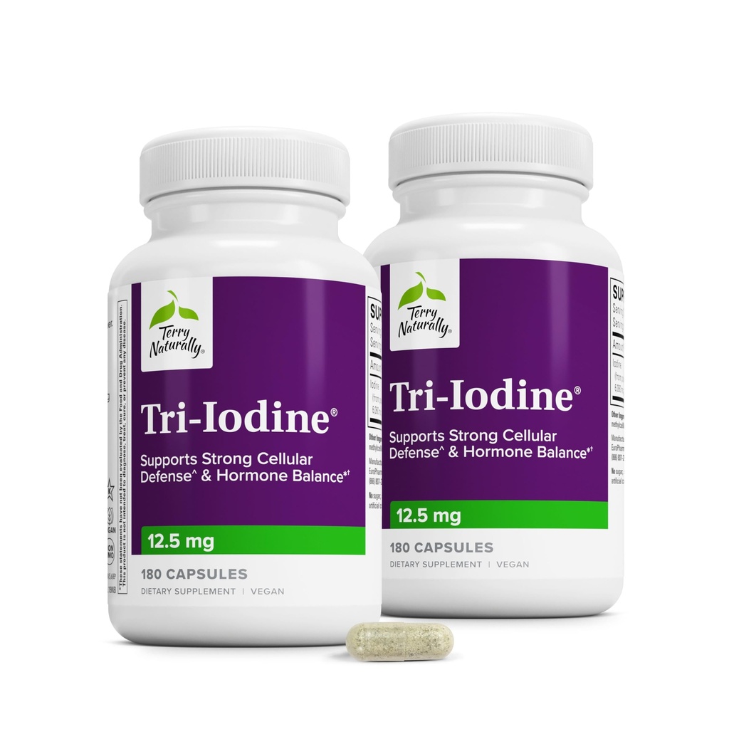 Terry Natural Tri-Iodine – Aid Yourroid Health with P properties Iodide & sodyum Iodide - Aids Hormon Dengesi ile Moleküler Iodine from Kelp - Brain & Energy Support - 12.5 mg, 180 Capsules (Pack of 2)