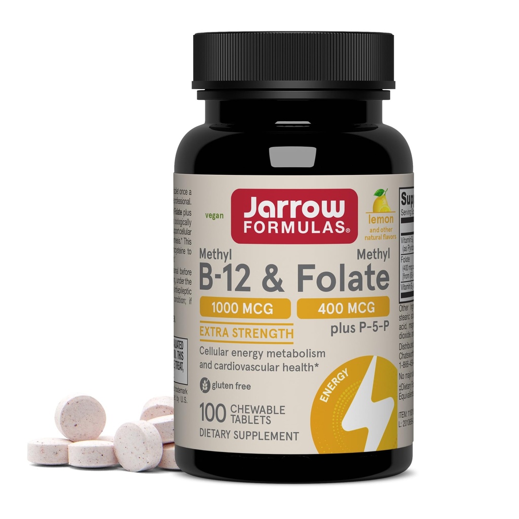 Jarrow Formulas Me-12 1000 MCG ve Metil Folate 400 MCG, Ekstra Güçlü, Hücresel Enerji Metabolism ve Cardiovascular Sağlık Formula (1) P-5-P, 100 Chewable Tabletler ile, 100 Day Supply