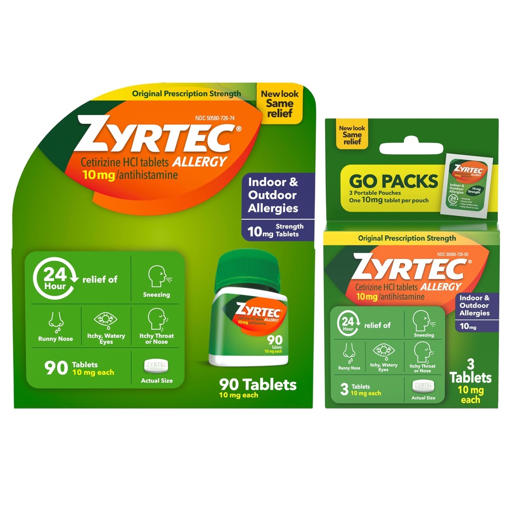 Zyrtec 24 Saat Antisiyon Tabletleri, Kapalı ve Açık Alerji Tıpı 10 mg Cetirizine Anti Antihistamine, Value Sche of one, 90 ct Şişe & Three, 1 ct Travel Packs