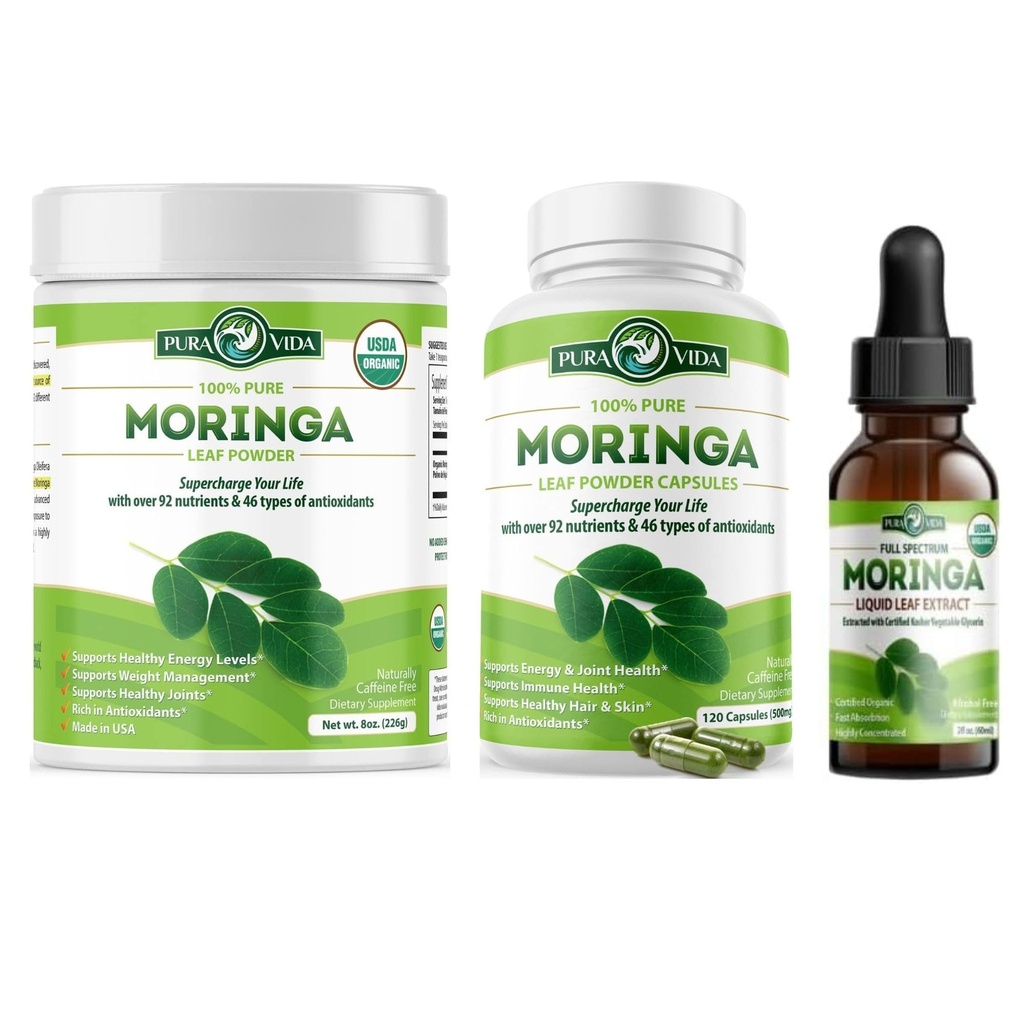 PURA VIDA MORINGA Toz 8 oz Capsules (120 Kont) ve Moringa Leaf Ekstraksiyonu (2fl oz)