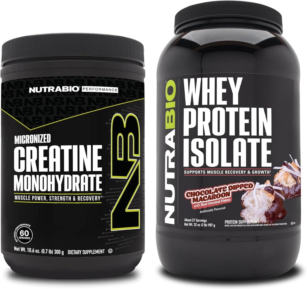 NutraBio Kretine Monohidrat, Unflavored, 300g ve Whey Protein Isolate, Chocolate Dipped Macaroon, Supplement Sche - Muscle Energy, Lean Muscle growth, Recovery, and Strength