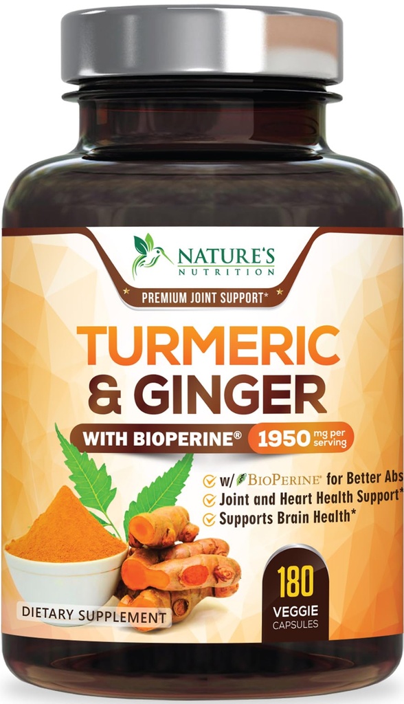 Turmeric Curcumin Supplement 1950 mg -% 95 Curcuminoids with Organic Turmeric & Ginger, BioPerine Black Pepper for Best Abpole, Nature's Vegan Ortak Destek, Non-GMO, Şişed in USA - 180 Capsules