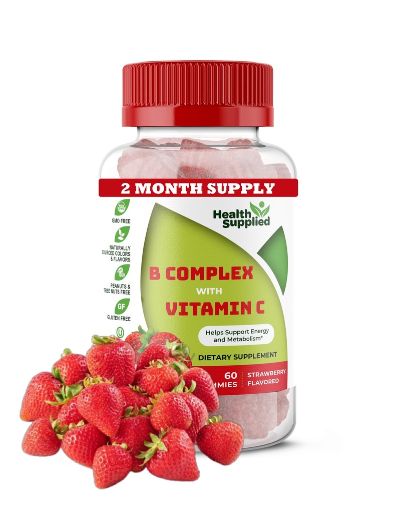 Strawberry Flavored Vitamin B Kompleksi Gummies - B Kompleks C - Destekler Nervous System and Boosts Energy Levels - Cognitive Function ile Yardımcılar - Great Tasting and Easy to Swallow