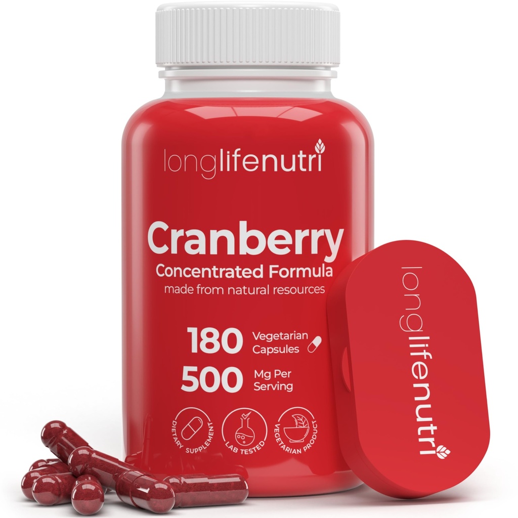 LongLifeNutri Cranberry Türlü Vitamin C & E - Saf Yoğun Formula, 500 mg hizmet başına 180 Vejetaryen Capsules, Urinary Tract Health & Bladder, 6 Ay Supply, ABD'de Yapıldı