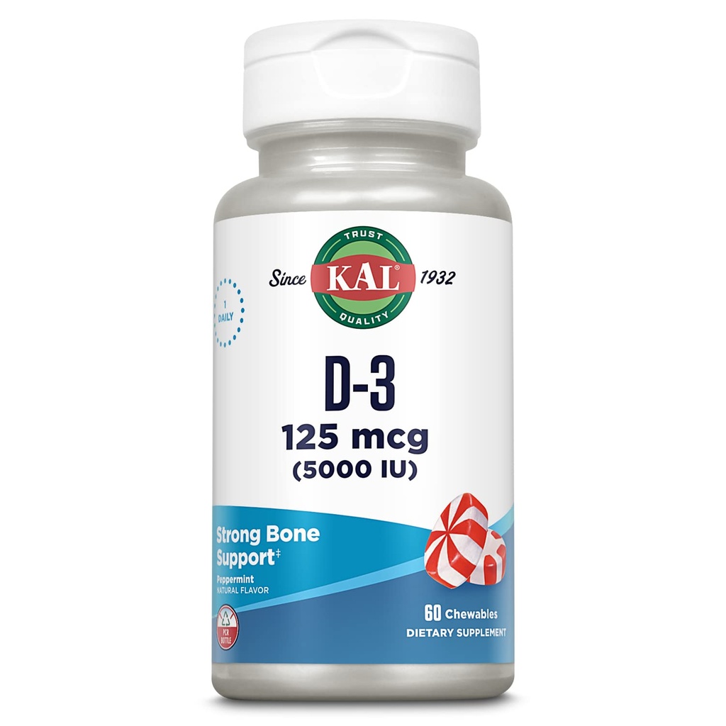KAL D3 5000 IU 125 mcg, Yüksek Potency Vitamin D Chewables, Kalsiyum Aborpsiyon, Bone Health ve Immune Support Supplement, Natural Peppermint Flavor, 60 Günlük Garanti, 60 Hizmet, 60 Chews