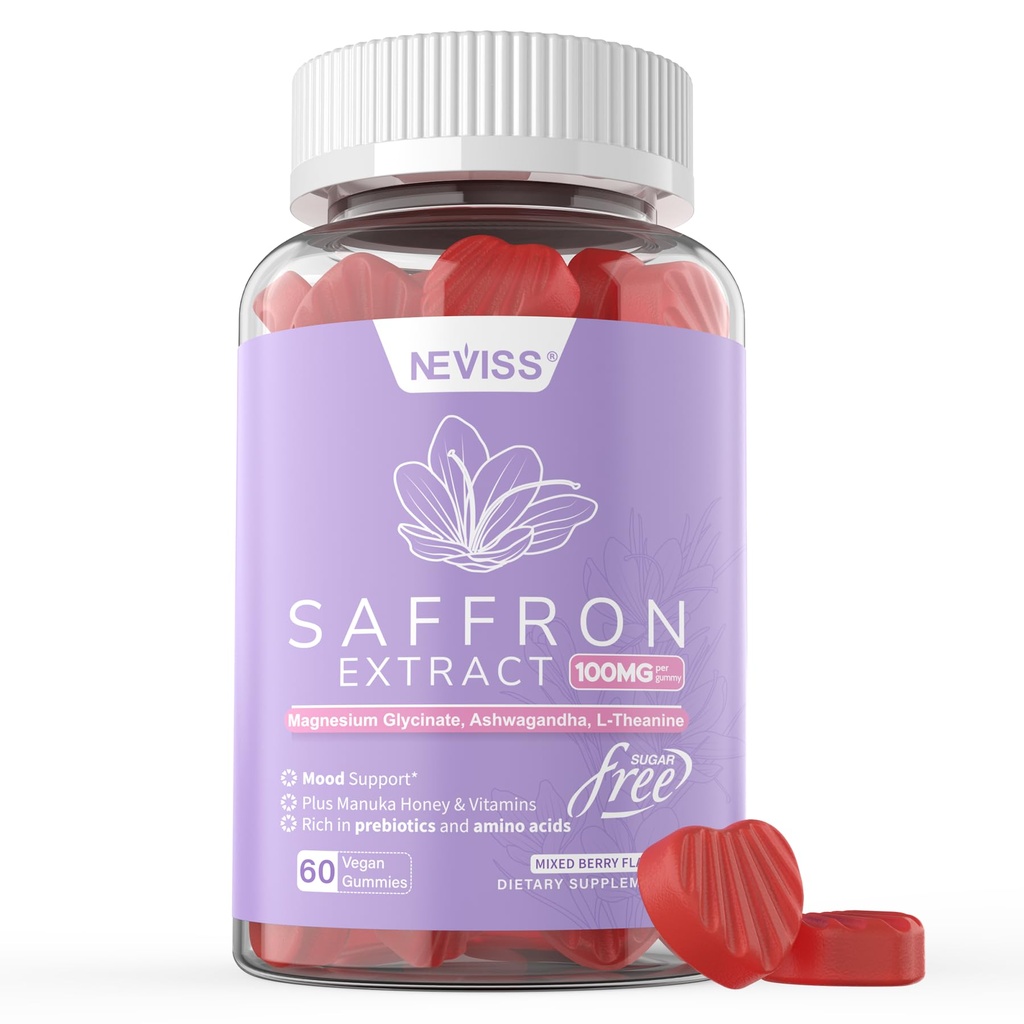 Saffron Supplements Gummies 100mg -% 100 Pure Saffron Extract with Magnezyum Glycinate, L-Theanine, Turmeric, Ashwagandha, Honey & Vitamin B Kompleksi Mood & Power, Antioksisite