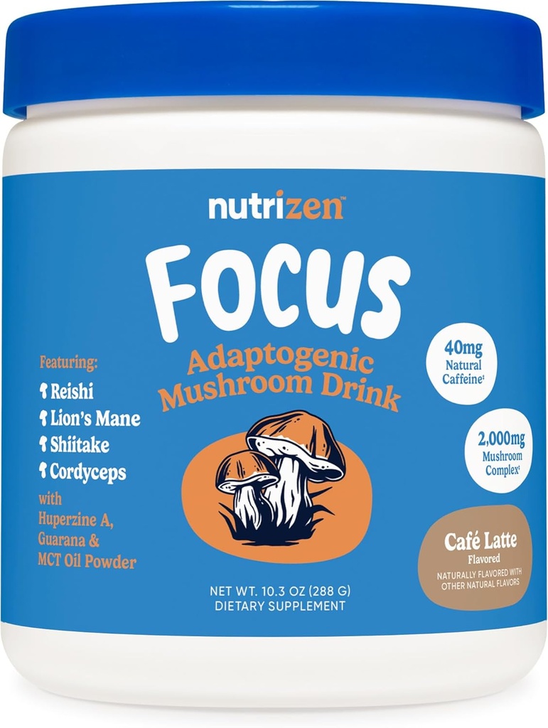 Nutricost Nutrizen AM Focus Adaptogen Mushroom Drink (Cafe Latte Flavored) 30 Hizmet - Reishi, Lion's Mane, Shiitake, Cordyceps