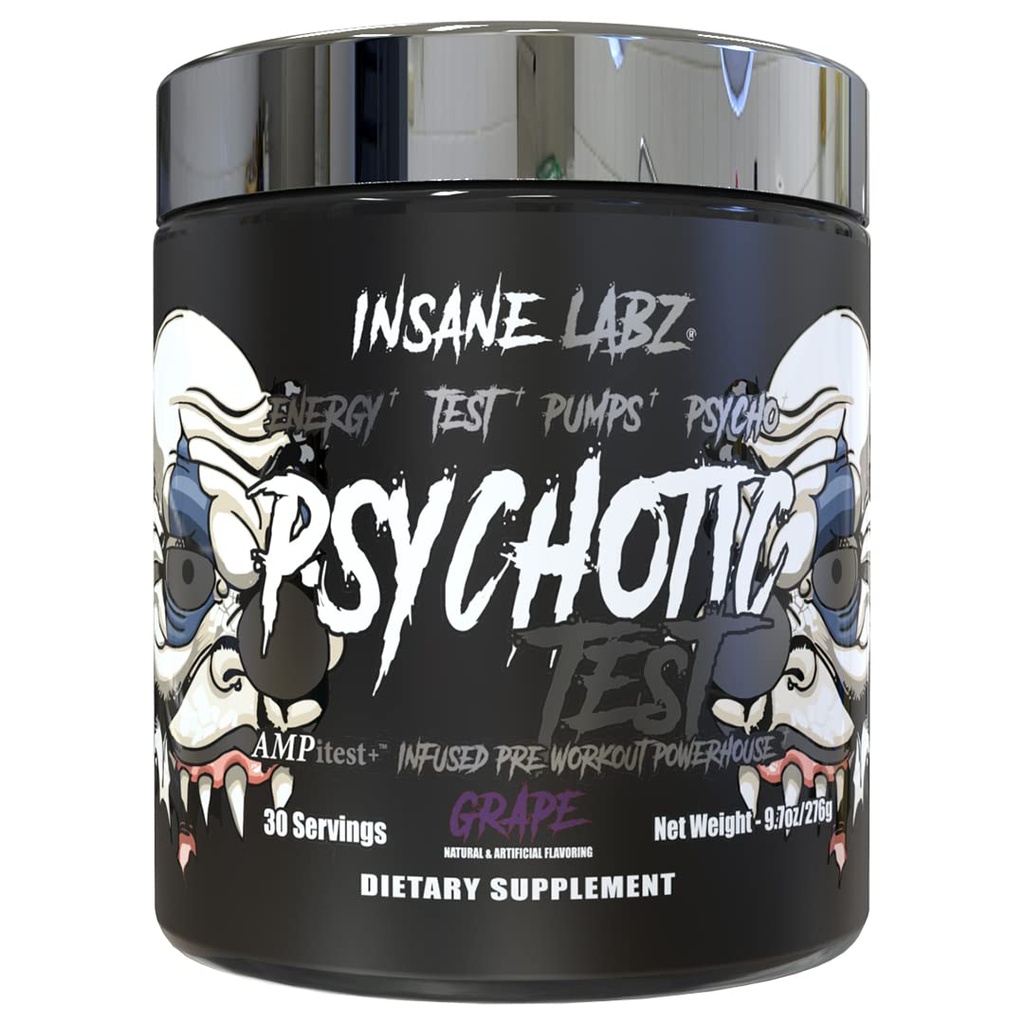 Insane Labz Psychotic Test, High Stim testosteron Energy ve Pump Boosting Pre-Workout Toz with DMAE Bitartrate, D Aspartic Acid, Kretine HCL ve Glycerol Monostearate, 30 Hizmet, Grape