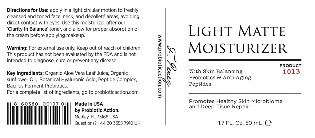 Probiyotik Action® Light Matte Moisturizer - Probiyotik Acne, Rosacea ve Eczema'yı önlemeye yardımcı olur. Probiyotik ve Peptide, parlak, yumuşaklığı ve açık cildin sıkılığını koruyor.