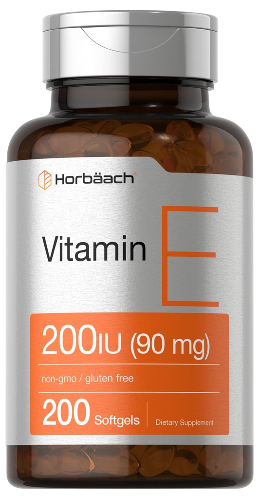 Horbäach Vitamin E Softgel Capsules 200 IU | 90 mg Supplement | 200 Count | Non-GMO ve Gluten Free Formula