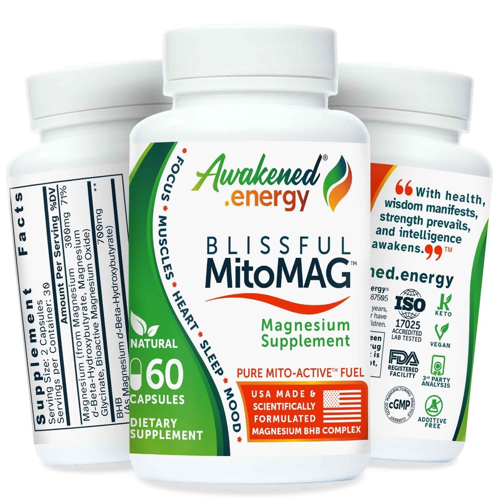 Blissful MitoMag – 300 mg Elemental Magnezyum Kompleksi: Mg Glycinate, Mg BHB - Sleep Muscles Mood Energy Cognitive Focus Calm – All Natural, USA Made, Nomixs – 60 Vegan Capsules Supplement