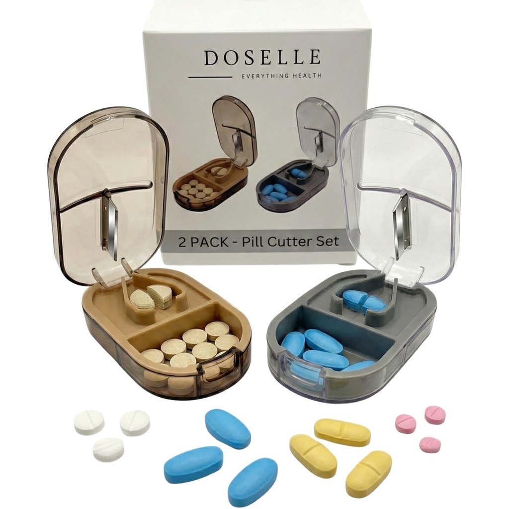 2 deploy - Pill XS Splitter with Mini Pill Box - Küçük veya Büyük Pills Profesyonel için Pill s. - 4 Way Pill Splitter 1/2 - Pill Splitter with Centering Device – Gray & Brown
