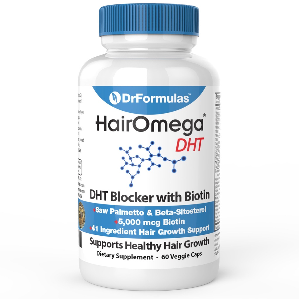 DrFormulas HairOmega DHT Blocker Biotin 5000 mcg Vitamins for Hair Growth Supplement | Hair Loss Pills for Women and Men, 30 Day Supply