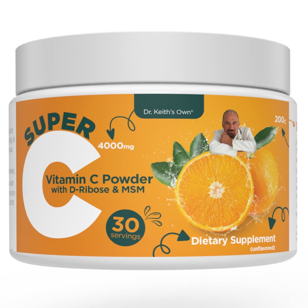 Dr. Keith'in Kendi Super C-High Dose Tozlu Vitamin C 4000 mg D-Ribose, Glycine, MSM-Highly Absorbable, Stomach-Friendly, Collagen Boost, Immune Support-Unflavored, 200 Grams (30 hizmet)