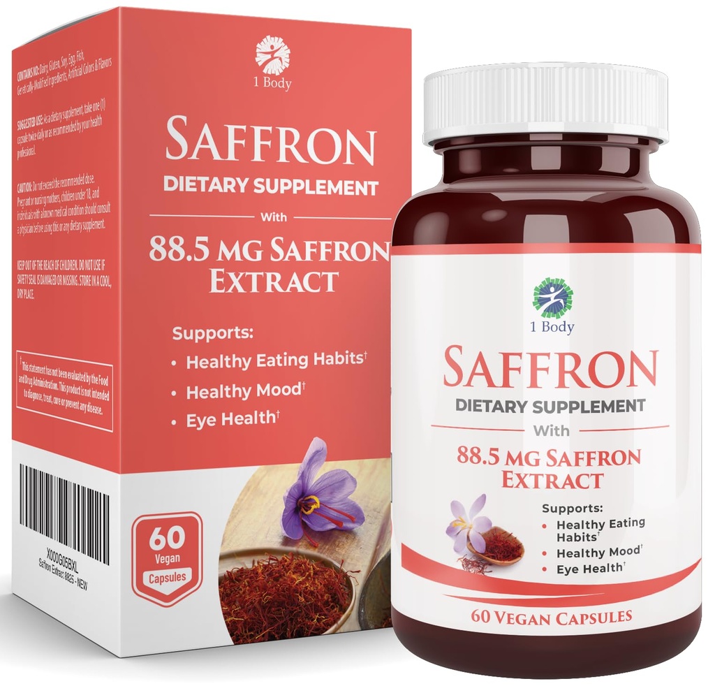 1 Body Saffron Extract Supplement, 88.5 mg Safranal, Antioksi ve Mood Support, Vegetarian Capsules