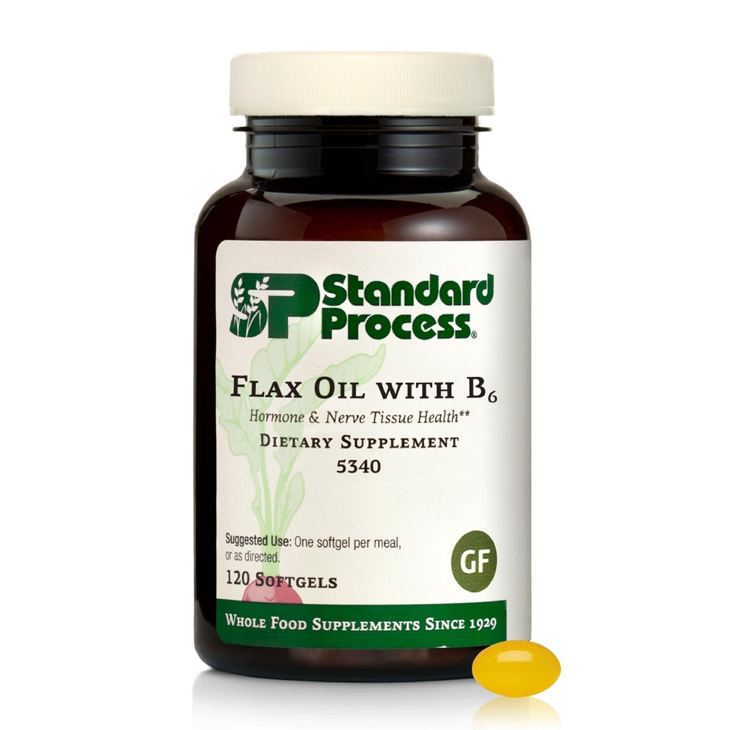 Standard Process Flax Oil with B6 - Supplement for Hormon & Nerve Tound Support - Supports Brain, Heart & Skin Skin - Gluten-Free, Non-Dairy & Non-Soy - 120 Softgels (120 servis)