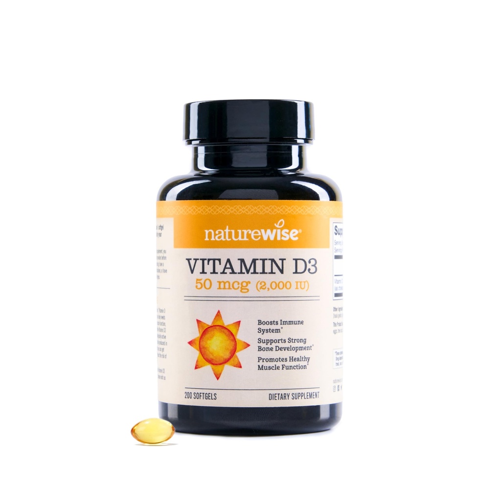 NatureWise Vitamin D3 2000iu (50 mcg) Immune Support, Sağlıklı Kas Fonksiyonu ve Bone Health - Non-GMO, Gluten Free in Organic Ekstra Virgin Zeytinyağı, (Mini Softgel), 200 Kont