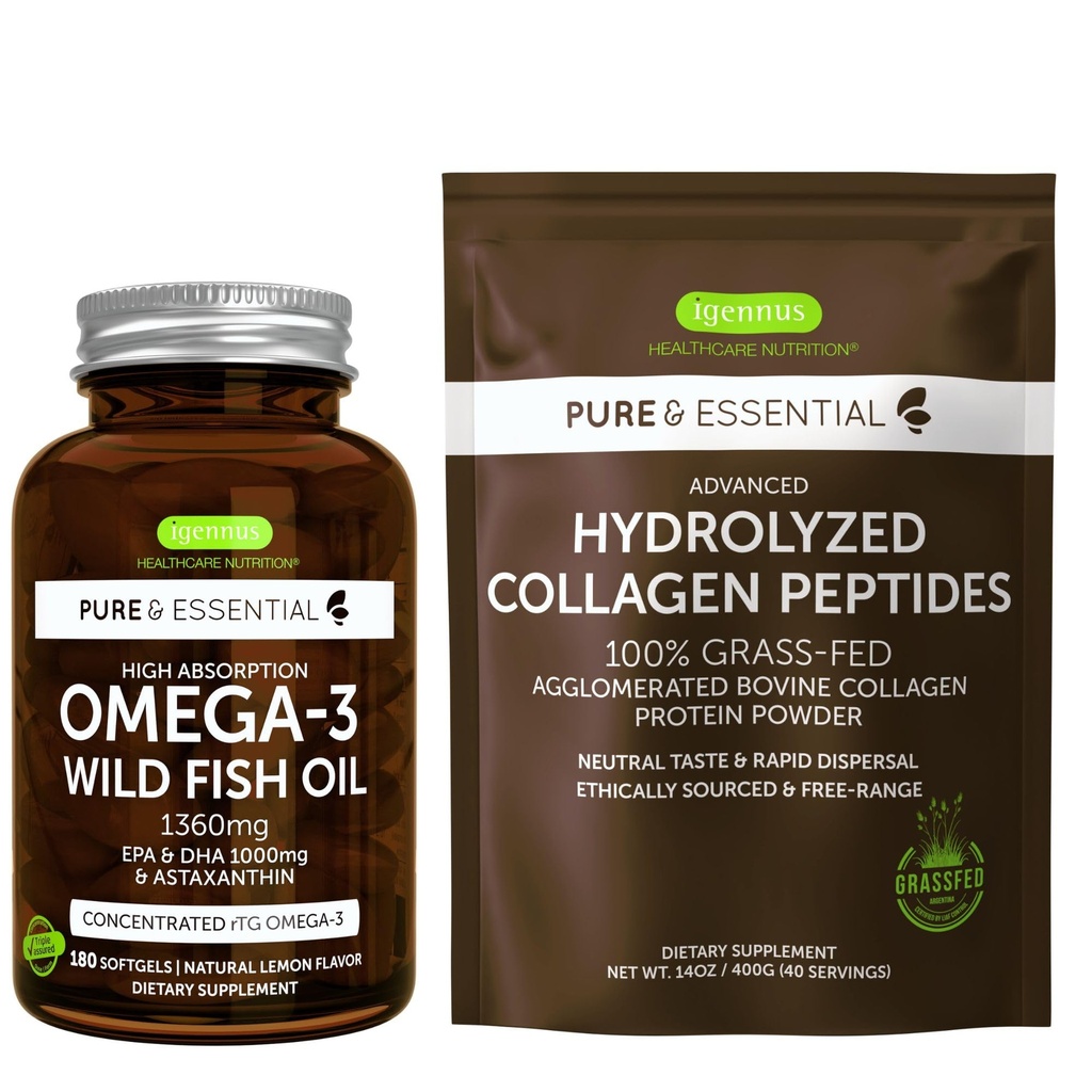 Yüksek Aborpsiyon Omega-3 Wild Fish Oil 1360 mg & Advanced Hydrolyzed Collagen, Sche, 1000 mg EPA & DHA with Astaxanthin & 100% Grass Fed Bovine Collagen Protein Toz, Igennus